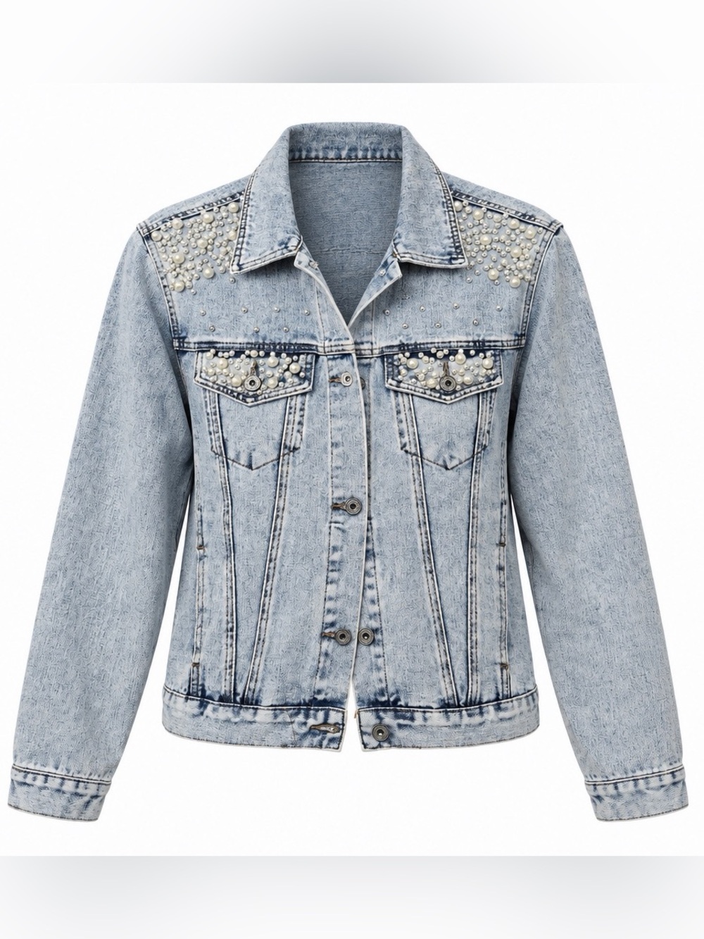 Umgee Light Blue Pearl-Embellished Denim Jacket
